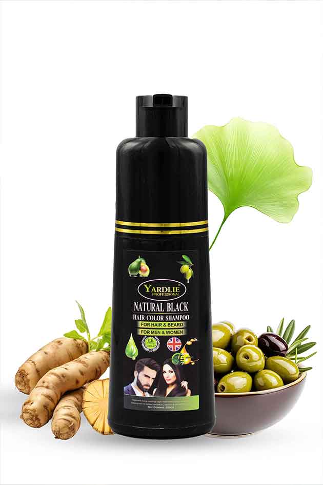 Yardley Natural Black hair color shampoo bottle with ingredients on a white background