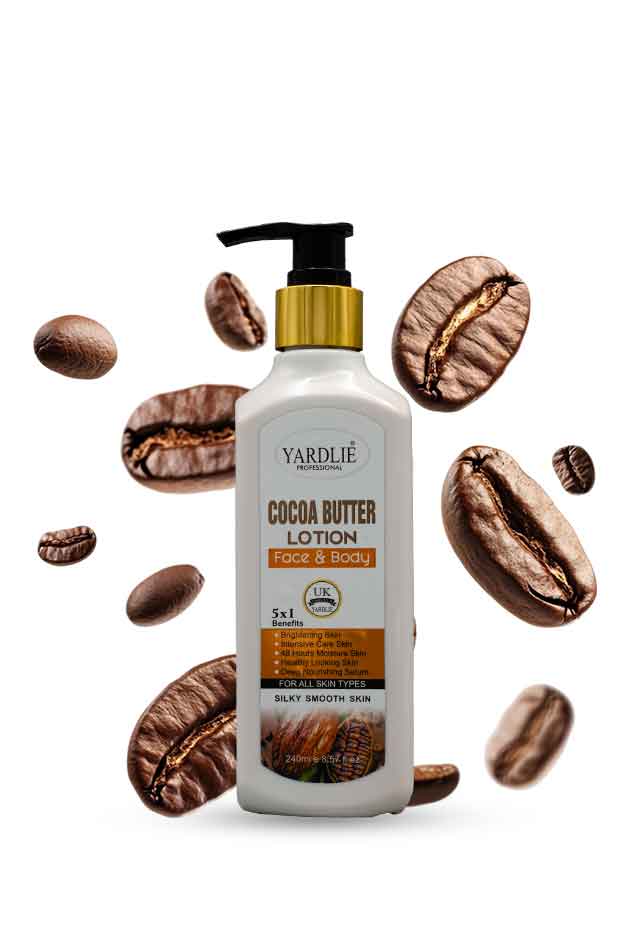 Yardlie Cocoa Butter Face and Body Lotion bottle with cocoa beans β deep hydration and smooth skin care. Yardlie Cocoa Butter Lotion bottle surrounded by coffee beans on a white background