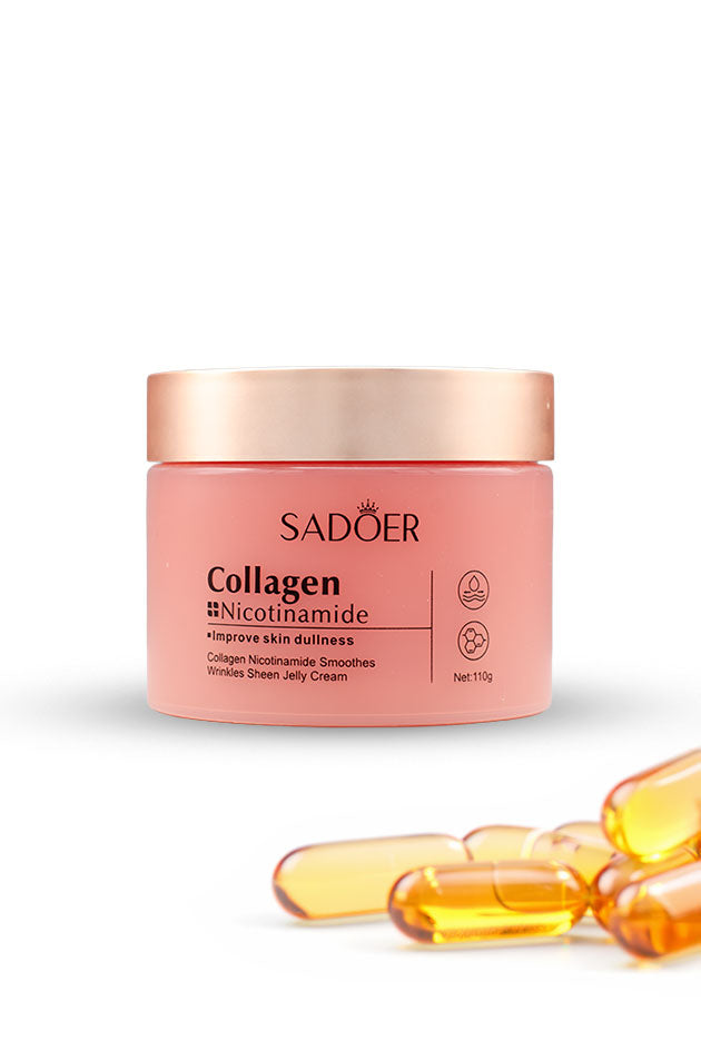 Sadoer Collagen Nicotinamide Sheen Jelly Cream 110g jar available in Pakistan at Yardlie.
A pink jar of SADOER Collagen + Nicotinamide skin cream with a metallic rose gold lid, shown on a white background with several yellow-orange collagen capsules in the foreground.