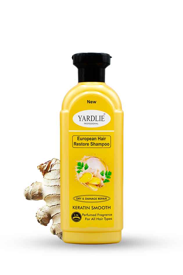 Yardlie Ginger & Keratin Smooth Shampoo 400ml – Dry & Damage Repair Formula. Yellow shampoo bottle with black cap on a white background