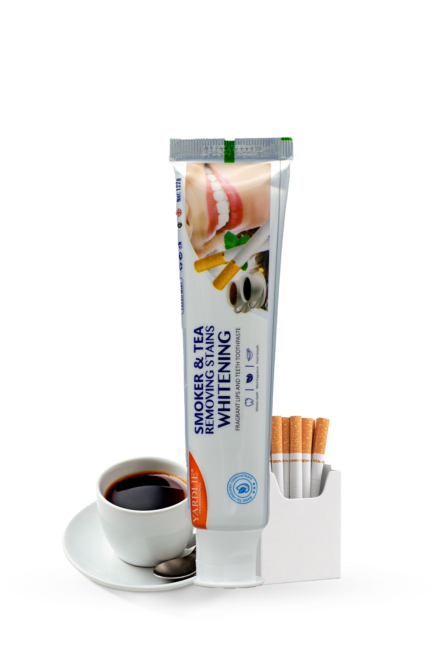 Toothpaste tube with smoking and tea stain removal claims on a white background