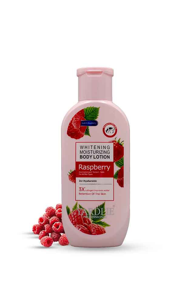 Yardlie Professional Raspberry Whitening Moisturizing Body Lotion – Radiant, Soft & Hydrated Skin (with raspberry extract bottle). Pink bottle of raspberry body lotion with raspberry graphics on a white background