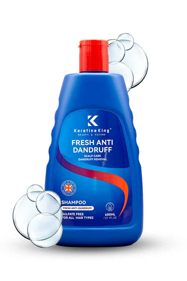 Keratine King Fresh Anti Dandruff Shampoo sulfate free 600ml bottle packaging, Blue shampoo bottle with red cap on a white background
