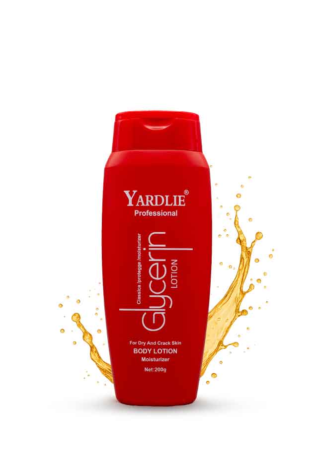 Yardlie Glycerin Body Lotion red bottle β deep moisturizing lotion for dry and cracked skin. Red bottle of Yardlie Glycerin Lotion with a splash of lotion on a white background