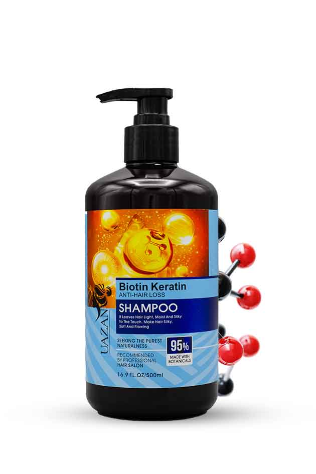 UAZAN Biotin Keratin Anti-Hair Loss Shampoo 500 ml β Strengthening & Smoothening Formula with 95% Natural Botanicals. Biotin Keratin shampoo bottle with pump on a white background