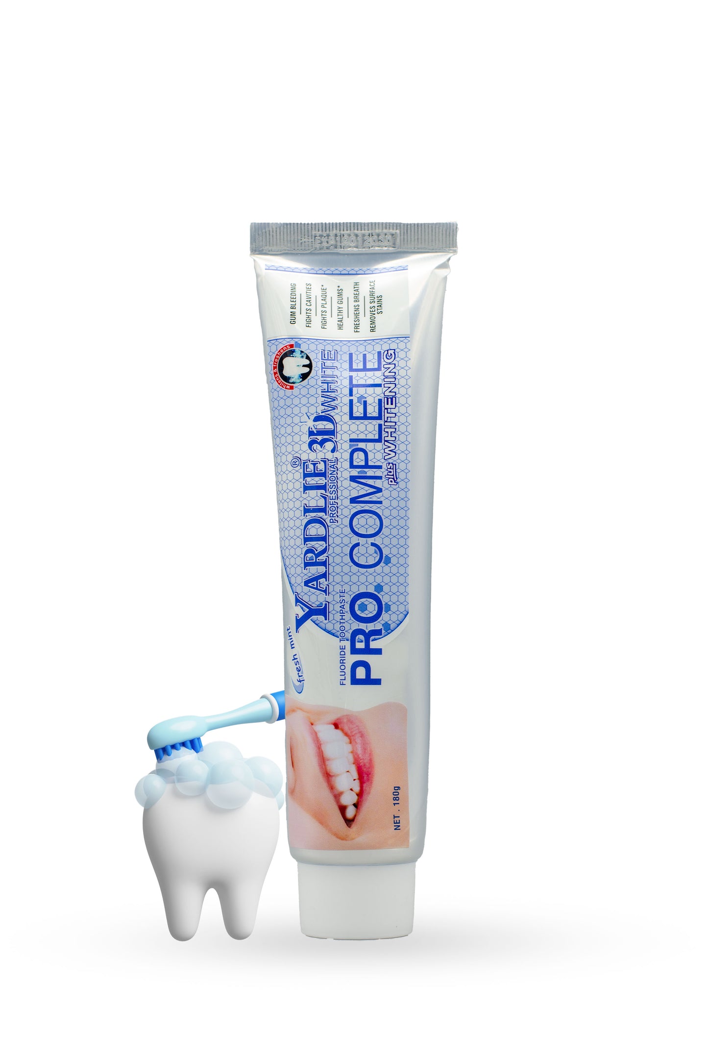 Yardley Pro Complete toothpaste tube with a toothbrush and tooth model on a white background