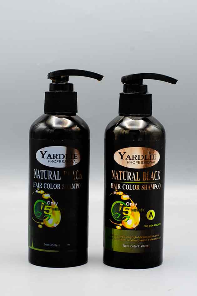 Yardlie Professional Natural Black Hair Color Shampoo clearance bottle without box with partial leakage stock clearance product, Two bottles of Yardley Natural Black Hair Color Shampoo on a gray background