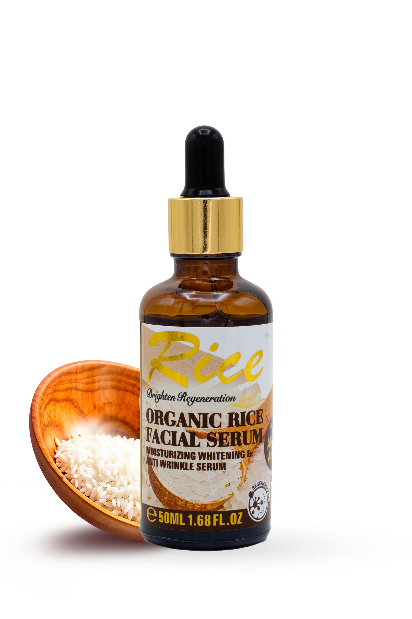 Organic rice facial serum bottle with dropper and wooden bowl of rice on a white background