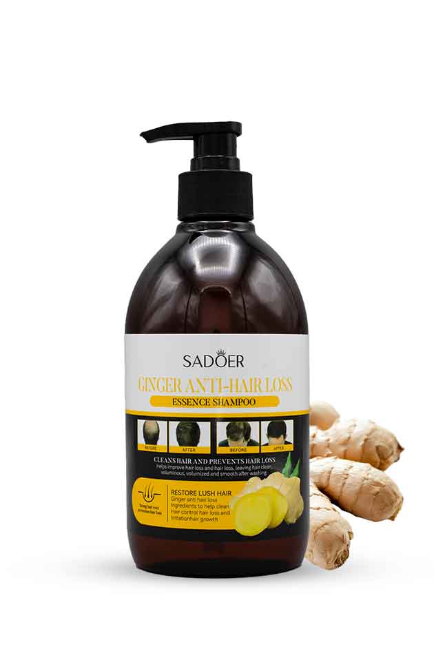 Sadoer Ginger Anti-Hair Loss Shampoo 500 ml β Strengthening & Hair Growth Essence Formula. Shampoo bottle with ginger root on a white background