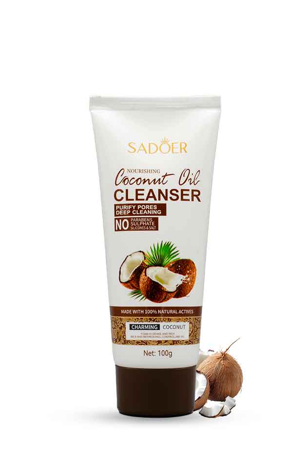 Sadoer Coconut Oil Cleanser 100g tube with coconuts – deep cleansing and hydrating face wash for glowing skin. Tube of Sadeer Coconut Oil Cleanser on a white background