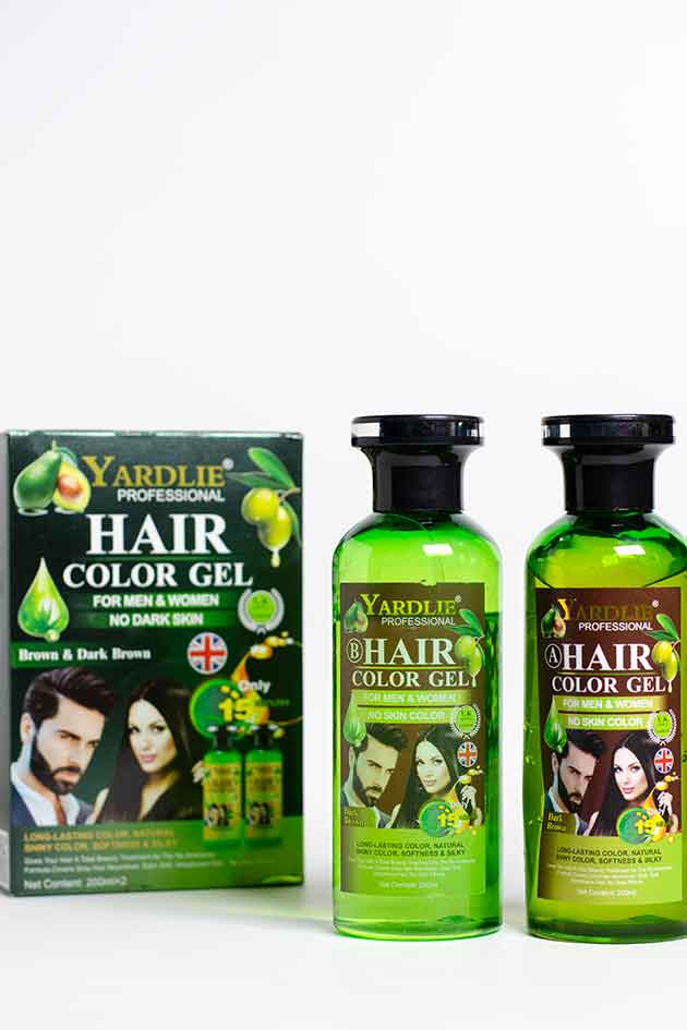 Yardlie Professional Hair Color Gel Brown bottle and box product photo. Yardlie Hair Color Gel packaging with two bottles on a white background