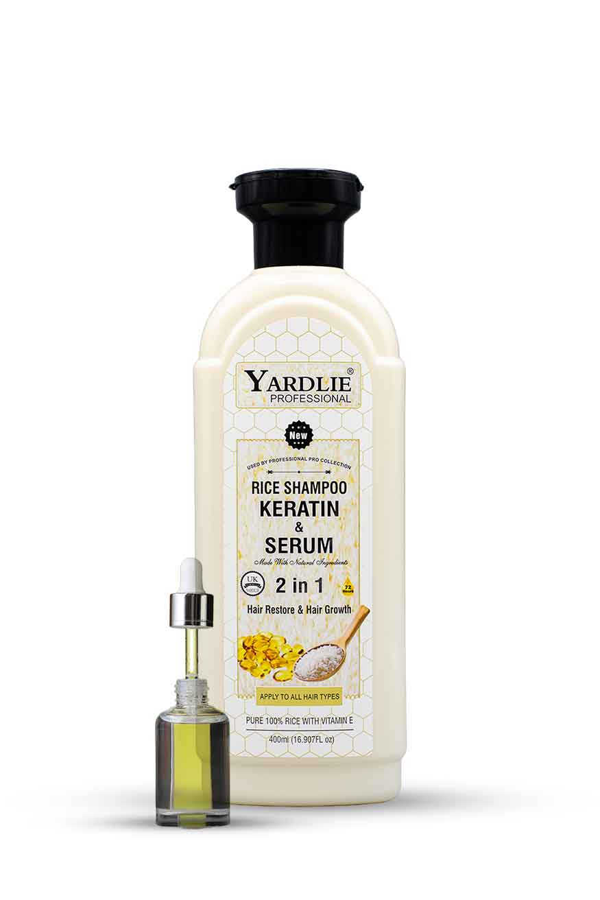 Yardlie Professional Rice Shampoo with Keratin and Serum bottle, Yardlie Rice Shampoo Keratin Serum bottle with a smaller bottle on a white background