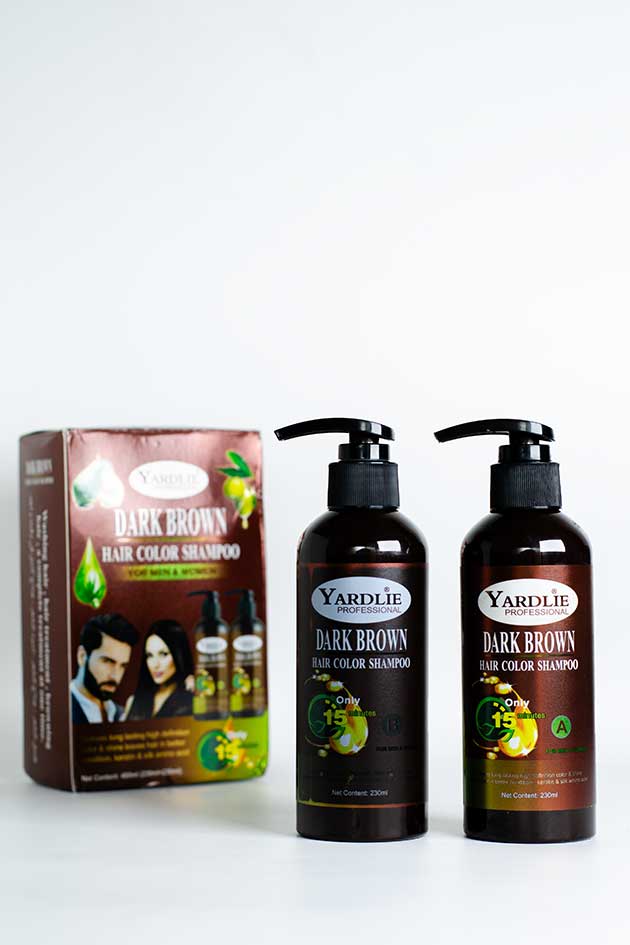 Yardlie Professional Dark Brown Hair Color Shampoo 460ml stock clearance with box and two bottles dark brown hair dye shampoo in Pakistan, Yardlie Dark Brown hair color shampoo bottles and packaging on a white background