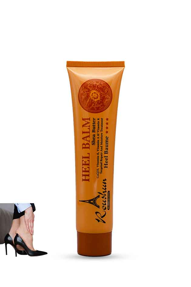 Roushun Heel Balm with Shea Butter β Cracked Heel Repair & Deep Moisturizing Foot Cream. Heel balm tube with a person wearing high heels on a white background