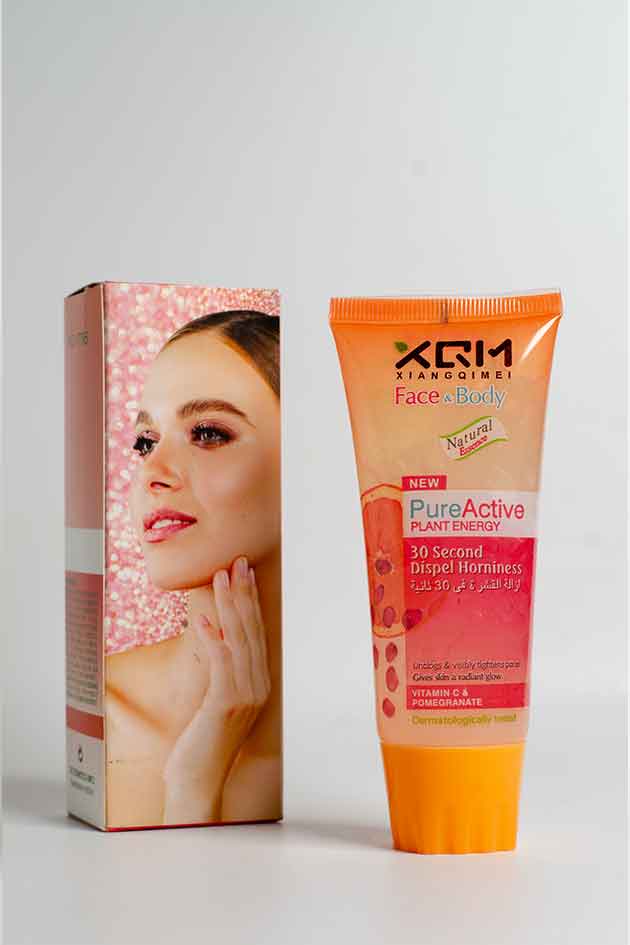 XQM Pure Active Face & Body Cream – Vitamin C & Pomegranate Glow (Last Piece). XQM skincare product packaging with a tube and box on a white background