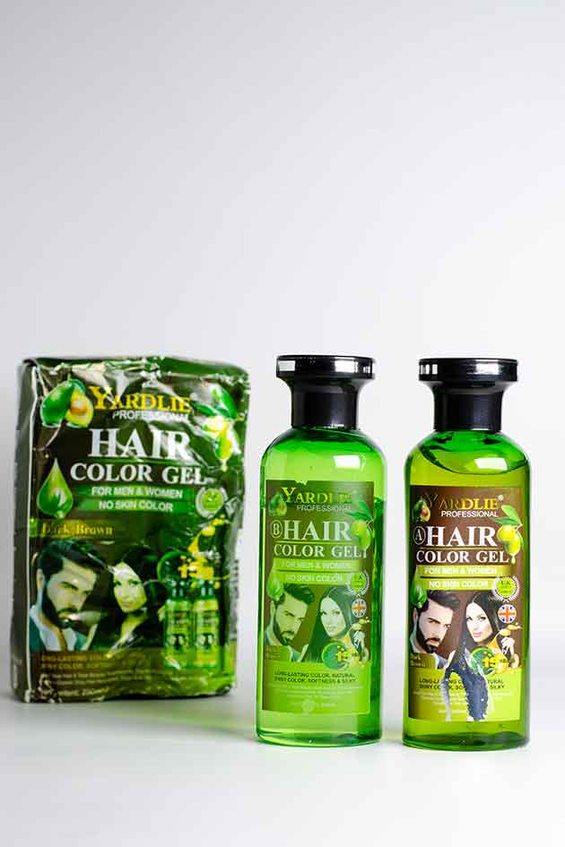 Yardlie Professional Hair Color Gel Dark Brown stock clearance pack, Two bottles of Yardley hair color gel with a box on a white background