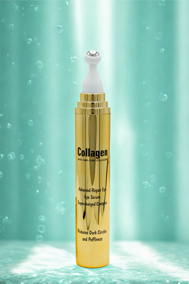 Under eye collagen serum, aqua background with bubbles and center light Gold collagen eye serum bottle on a teal background