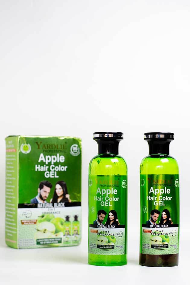 Yardlie Professional Apple Hair Color Gel Natural Black 500ml stock clearance pack with box and two 250ml bottles in Pakistan, Two bottles of Apple Hair Color Gel with a box on a white background