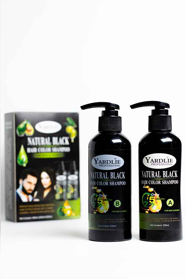 Yardlie Professional Natural Black Hair Color Shampoo 460ml – Bottle A 10% Leaked with Box | Clearance Offer. Yardlie Natural Black hair color shampoo bottles with packaging on a white background