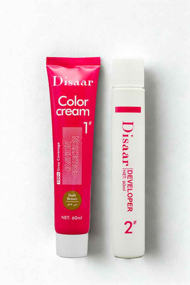 Before and after results using Disaar Dark Brown Hair Color Cream showing vibrant, natural color. Two hair color products from Disaar on a white background