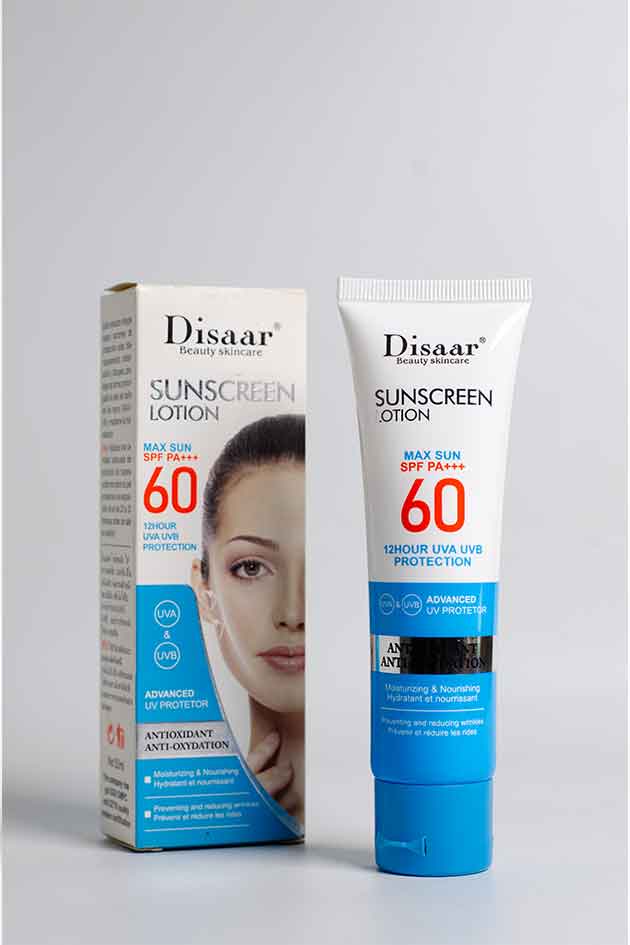 Disaar Sunscreen Lotion SPF 60 – Advanced UVA UVB Protection Moisturizing Formula. Disaar sunscreen lotion with packaging on a gray background