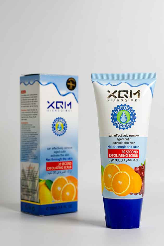 XQM 30 Second Exfoliating Scrub – Natural Deep Clean & Glowing Skin Formula (Last Piece). XQM skincare product packaging with tube and box on a white background