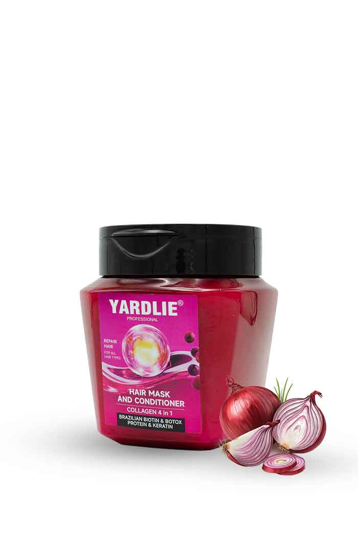 Yardlie Professional Onion Hair Mask and Conditioner Collagen 4 in 1 with Biotin Keratin and Protein for Hair Repair, Yardlie hair mask and conditioner jar with red onions on a white background