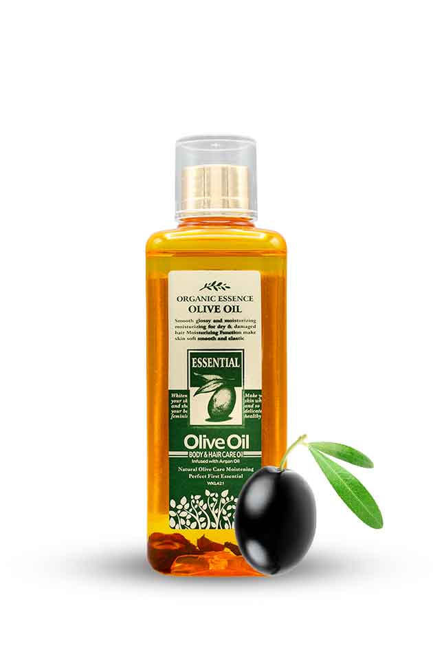 Organic Essence Golden Olive Oil bottle for hair and body care isolated on white background, Bottle of Organic Essence Olive Oil with an olive on a white background