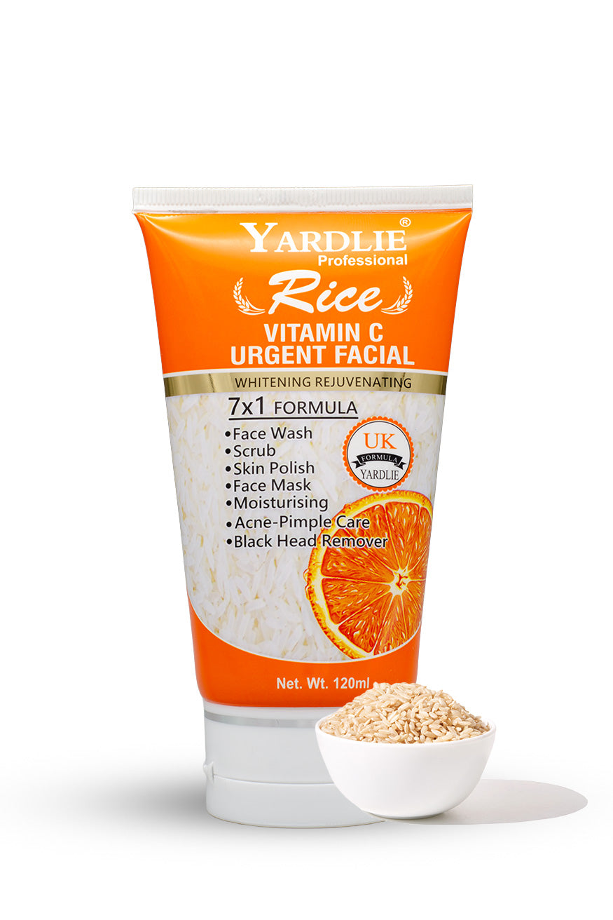 Yardlie Rice Vitamin C Urgent Facial 7 in 1 whitening rejuvenating formula 120ml, Yardlie Rice Vitamin C Urgent Facial product with an orange label on a white background
