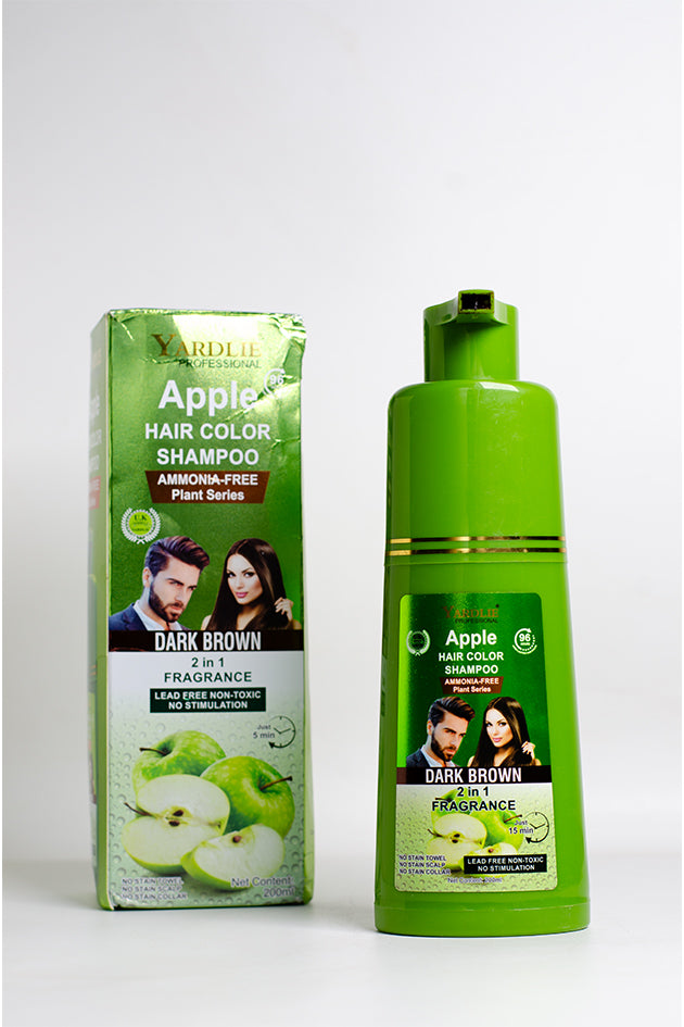 Yardlie Apple Hair Color Shampoo Dark Brown 200ml clearance box and bottle,
Yardlie Professional Apple Hair Color Shampoo bottle and packaging box in Dark Brown, featuring a bright green design with apple illustrations and model photos on a light gray background.