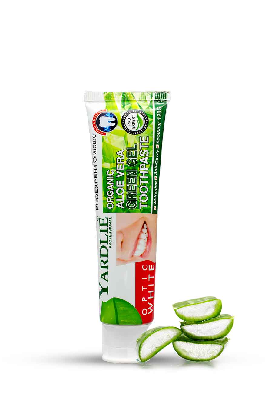 Yardlie Aloe Vera Green Gel Toothpaste for teeth whitening and gum care, Yardley Organic Aloe Vera Green Tea Toothpaste tube with aloe vera slices on a white background