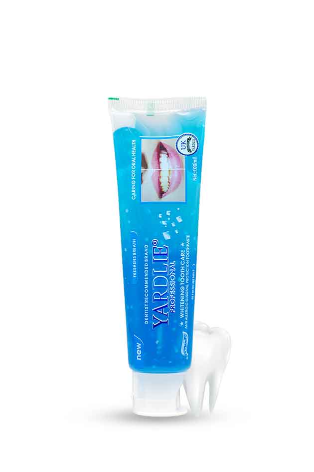 Yardlie Dental Whitening Tooth Care toothpaste 100ml tube for fresh breath and brighter looking teeth, Blue toothpaste tube with a white cap on a white background