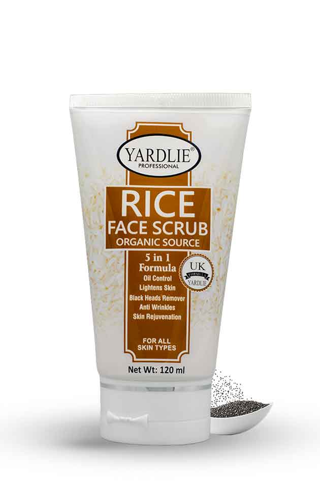 Yardlie Professional Rice Face Scrub Organic Source 120ml tube packaging, Yardlie Rice Face Scrub tube with black rice powder on a white background