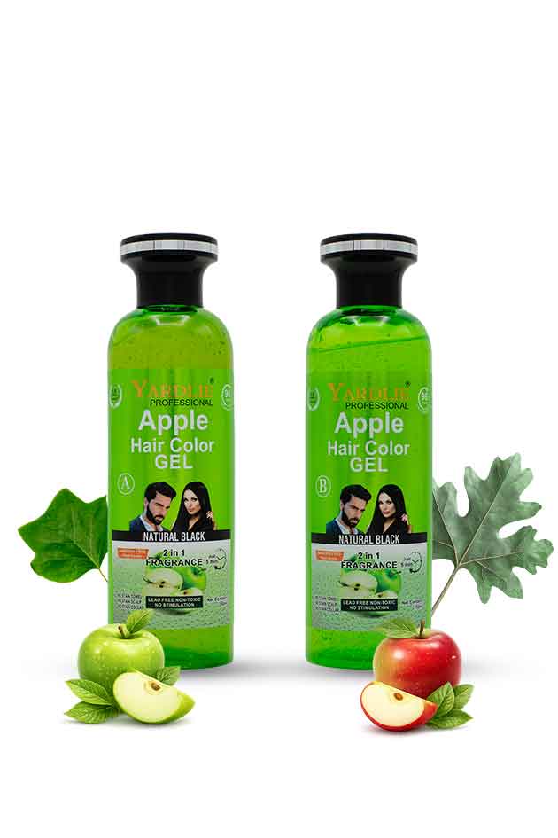 Yardlie Professional Apple Hair Color Gel Natural Black Ammonia Free 2 in 1 Fragrance, Two bottles of Yashu Apple Hair Color Gel with apple slices and leaves on a white background