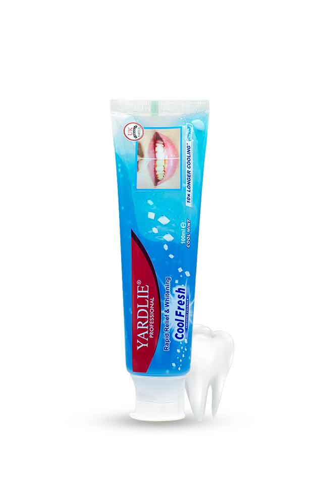 Yardlie Professional Cool Fresh toothpaste 100ml tube for rapid relief and whitening with long lasting freshness, Yardley Cool Flash toothpaste tube on a white background