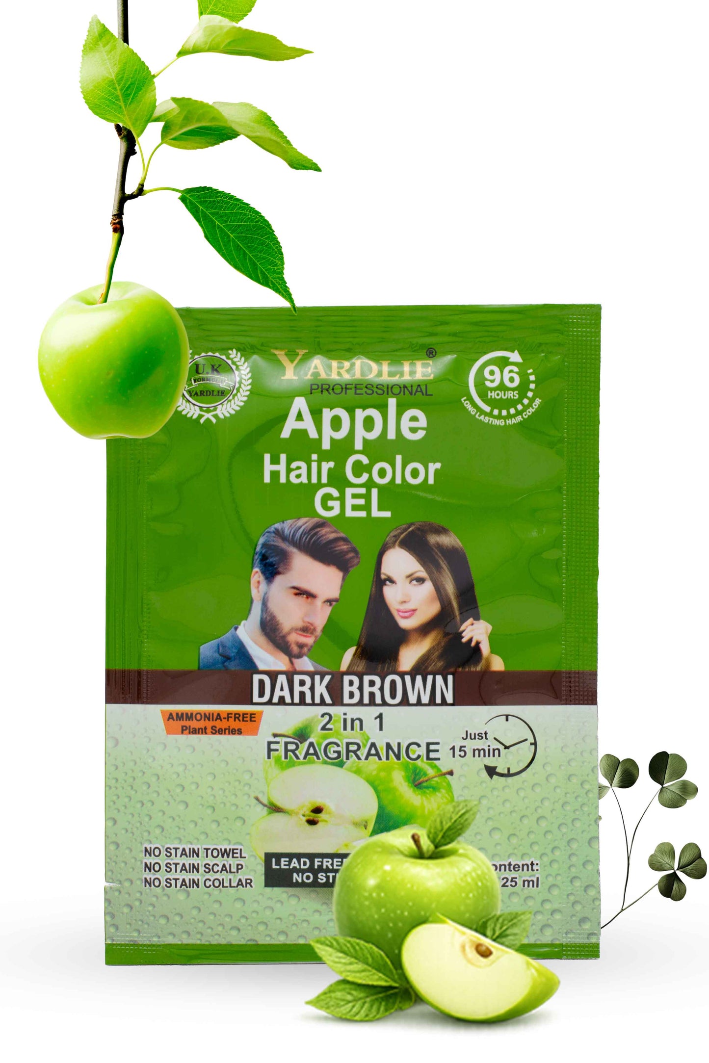 Yardlie Professional Apple Hair Color Gel Dark Brown 25ml ammonia free plant based hair color sachet, Yardlie Apple Hair Color Gel package with green apples and leaves on a white background