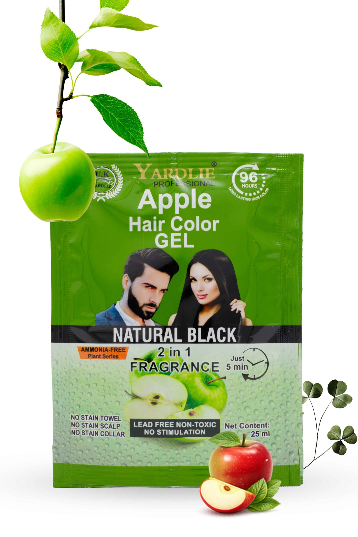 Yardlie Professional Apple Hair Color Gel Natural Black 25ml ammonia free plant based hair color sachet, Yardlie Apple Hair Color Gel package with green apple and leaves on a white background