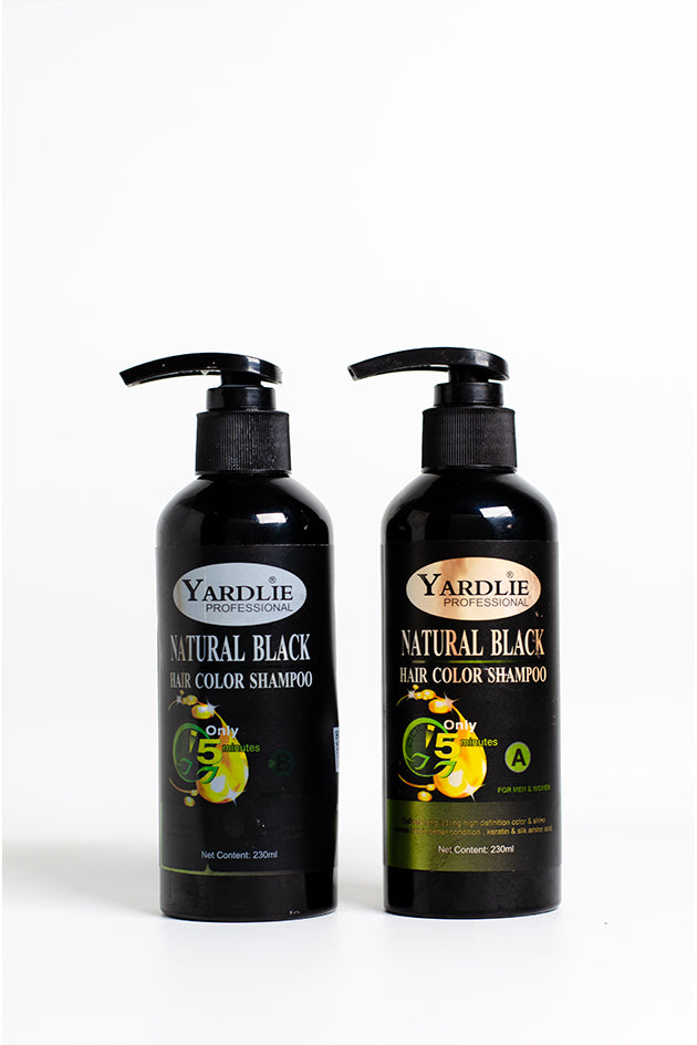 Yardlie Natural Black Hair Color Shampoo A and B clearance set bottles,
Two black pump bottles of Yardlie Professional Natural Black Hair Color Shampoo side by side on a white background.