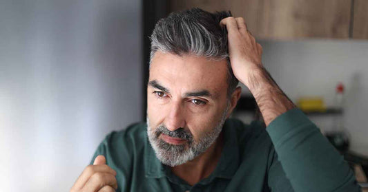 man noticing grey hair temples mirror