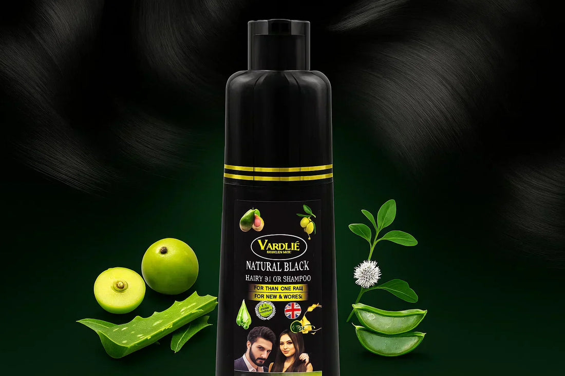 Natural black hair color shampoo bottle with herbal ingredients and glossy black hair background