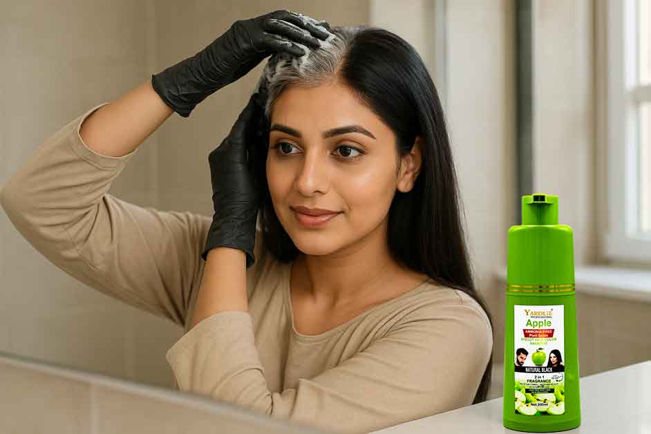 Woman applying instant hair color shampoo in Pakistan for quick gray hair coverage.
