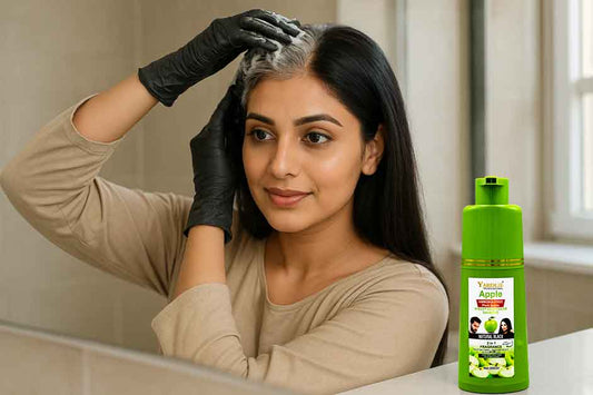 Woman applying instant hair color shampoo in Pakistan for quick gray hair coverage.