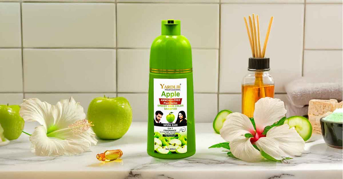 Non-synthetic hair dye shampoo for sensitive scalp with aloe vera and hibiscus on marble counter – gentle chemical-free hair coloring product by Yardlie