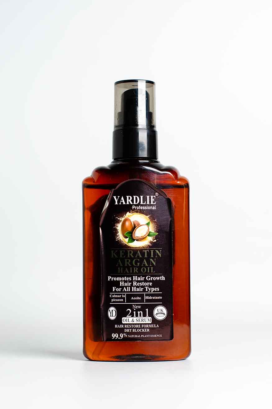 Yardlie Professional Keratin Argan Hair Oil 2 in 1 sealed bottle, Yardlie Keratin Argan Oil bottle on a white background