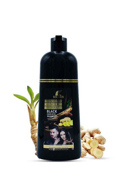 Black shampoo bottle with ginger and a man and woman on the label against a white background