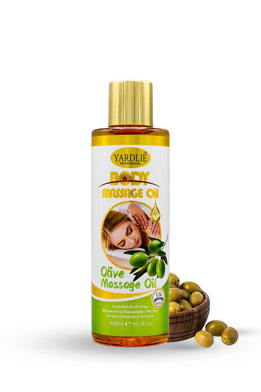 Yardlie Olive Body Massage Oil 300ml moisturizing relaxing body massage oil. Bottle of Yardley coconut massage oil with a white background