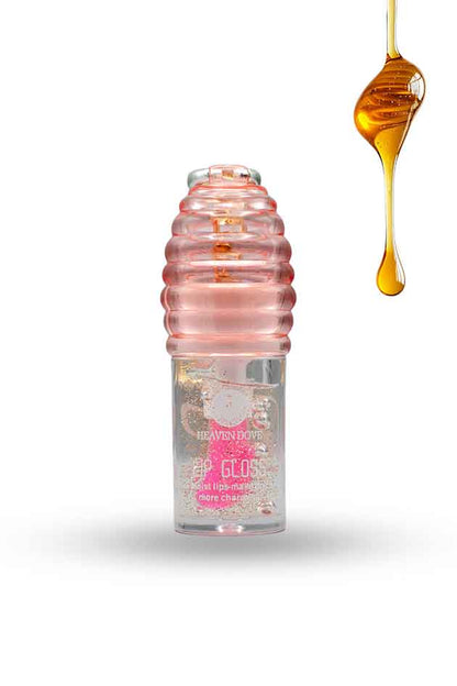Heaven Dove Lip Gloss Water Light 6ml clear shimmer lip gloss, Pink bottle with honey droplet on a white background