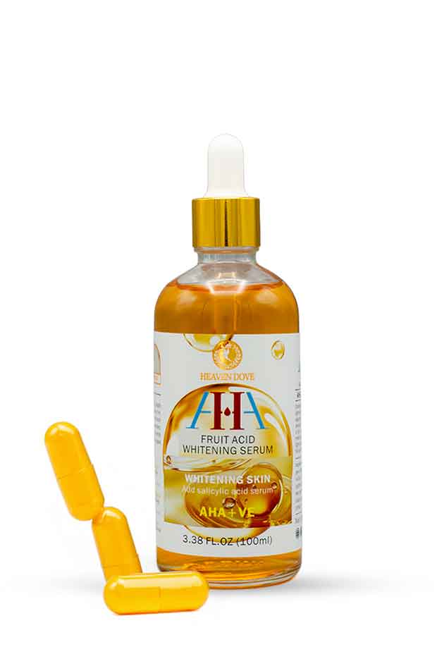 Heaven Dove AHA Fruit Acid Whitening Serum 100ml brightening face serum, AHA fruit acid whitening serum bottle with applicator on a white background