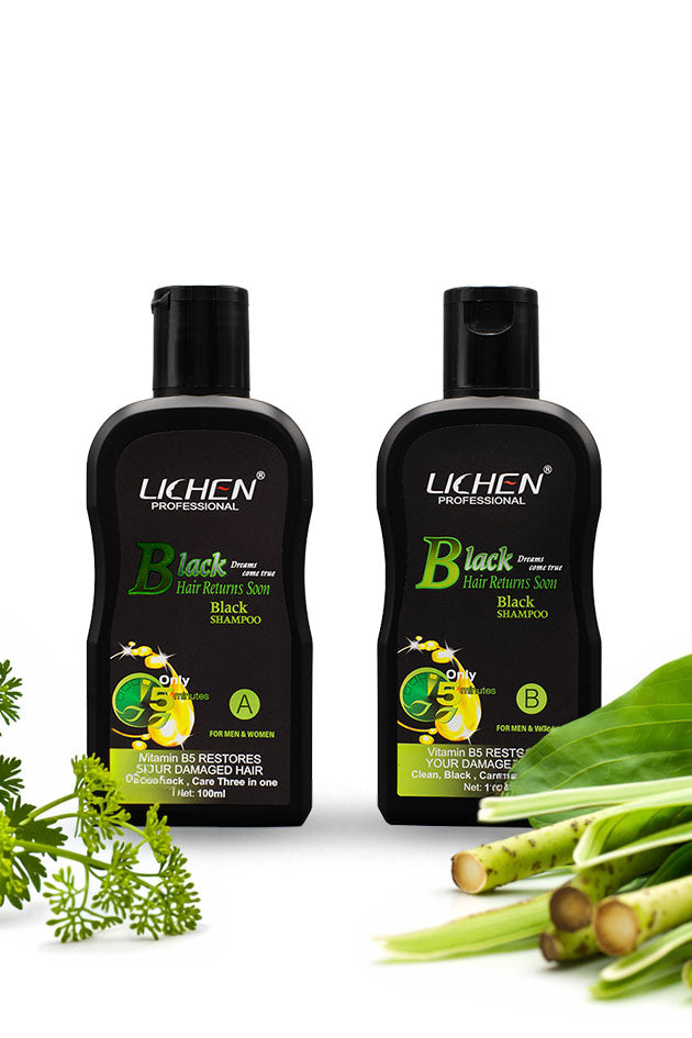 Lichen Black Hair Returns Soon Black Shampoo 100ml two bottle pack with free gloves, Two bottles of Lichen Professional Black Hair Restoring Shampoo on a white background with green leaves.