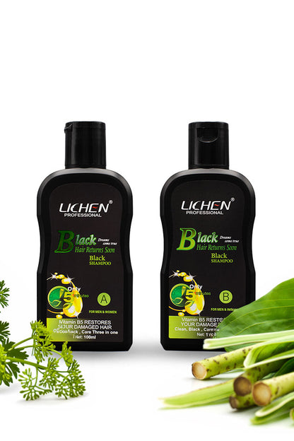 Lichen Black Hair Returns Soon Black Shampoo 100ml two bottle pack with free gloves, Two bottles of Lichen Professional Black Hair Restoring Shampoo on a white background with green leaves.